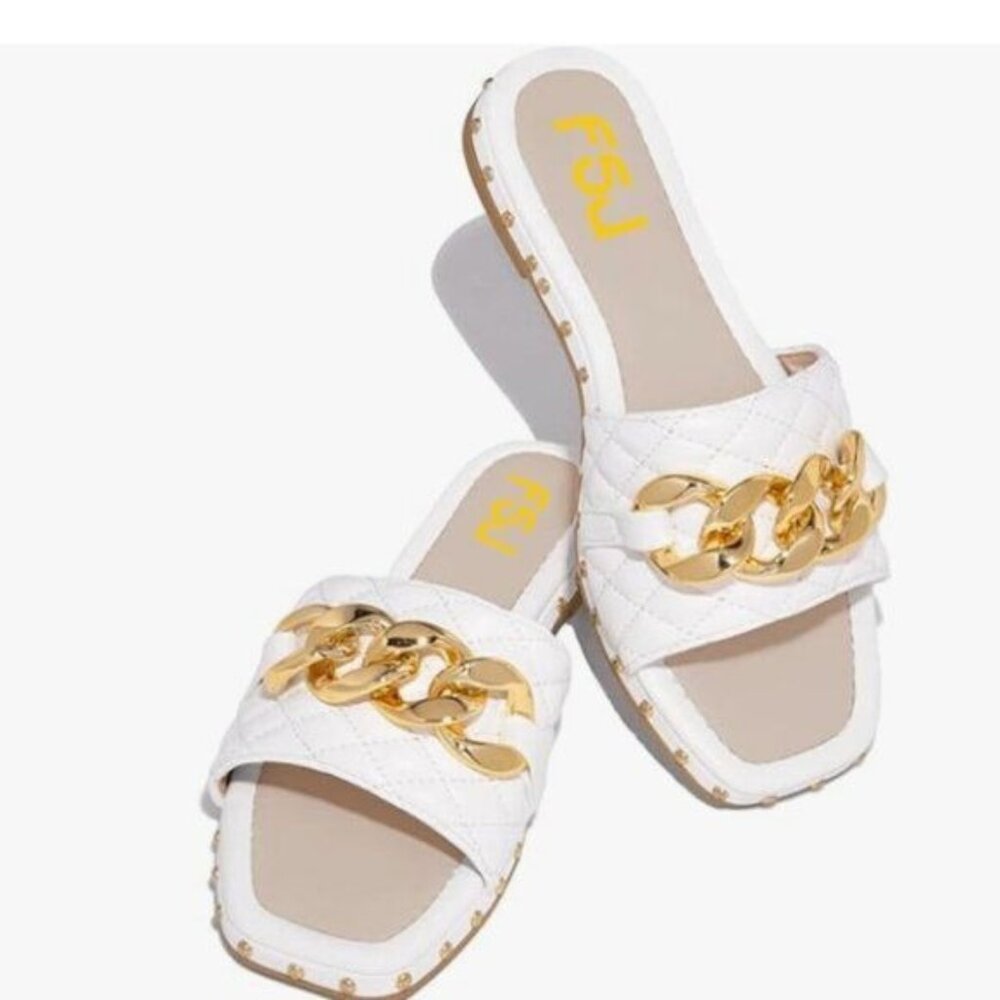 FSJ White Square Open Toe Comfortable Thick Sole Sandals Gold Chain Shoes